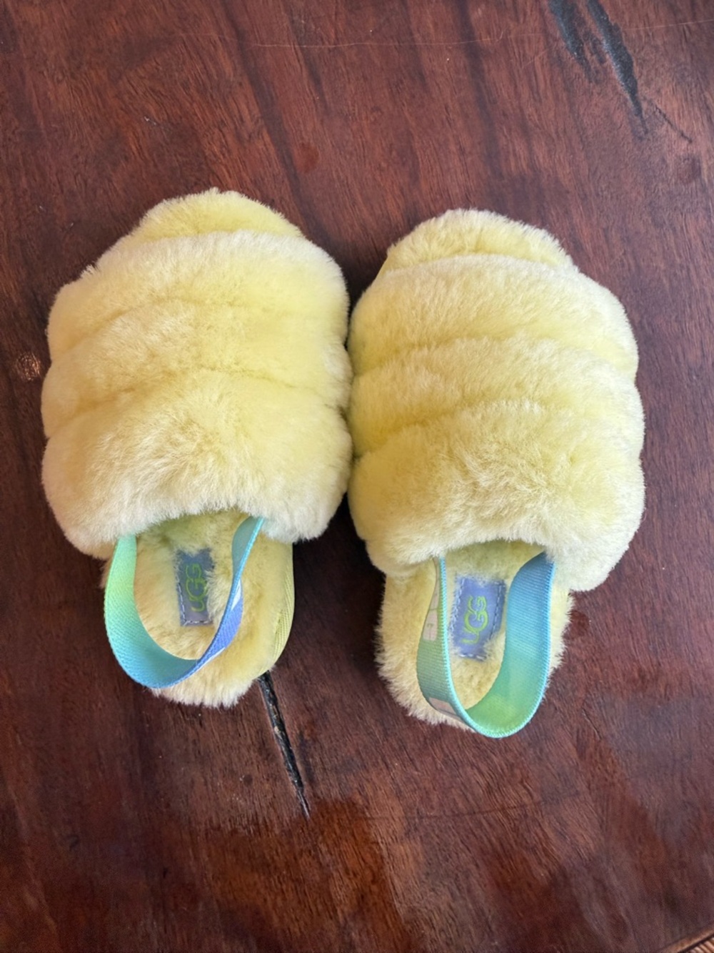 UGG Yellow Fluff Yeah Slide Slipper with Aqua Trim